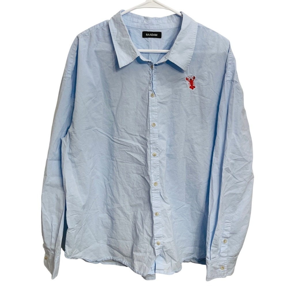 Naadam Organic Cotton Button Up Shirt Blue Lobster Novelty Embroidery Size XL‎
